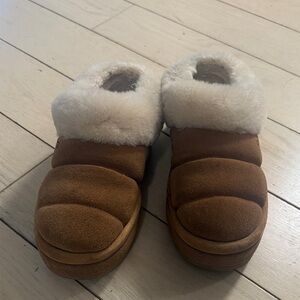 UGG Tan and Cream Plush Slippers